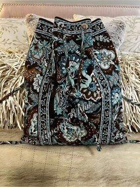 Vintage VERA BRADLEY Java Blue 2008 Drawstring Zipper Front Backpack Y2K Brown